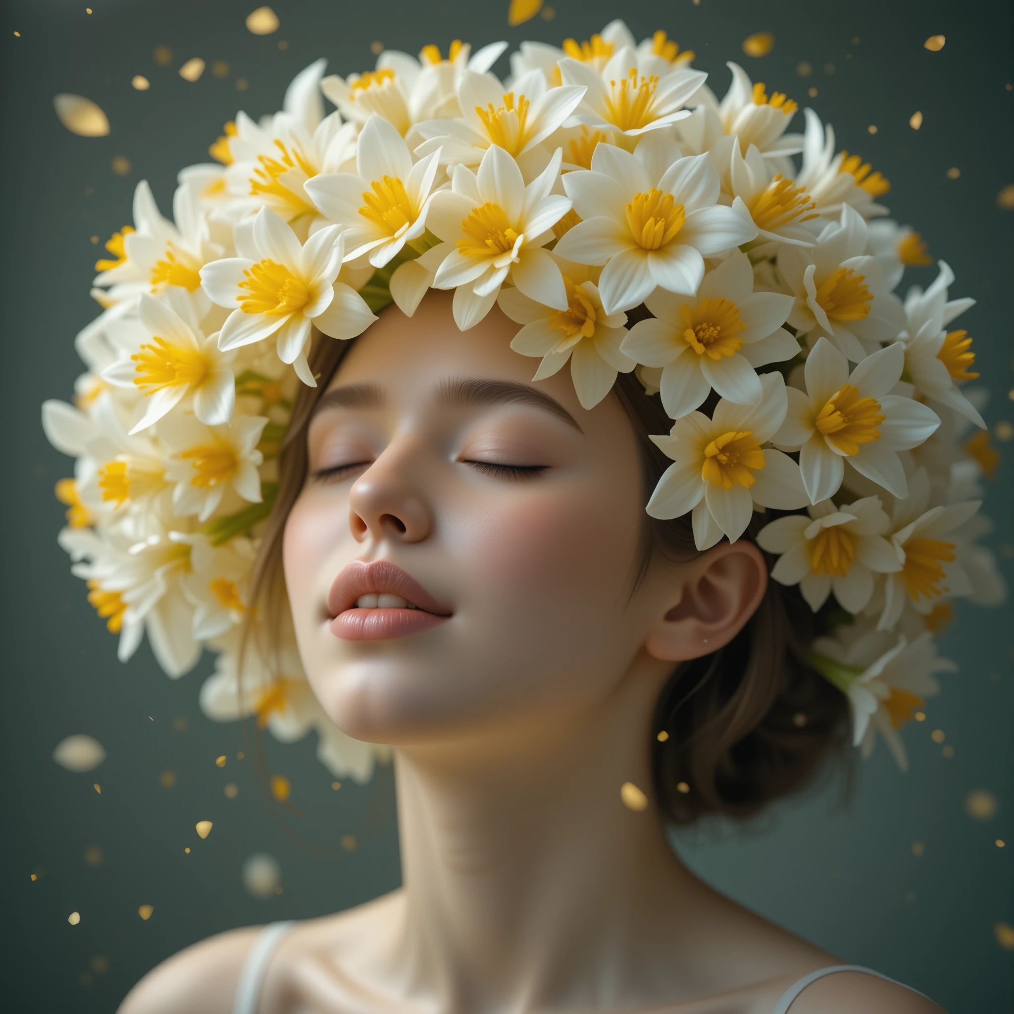 Surreales Porträt eines Kopfes, der sich in leuchtende Blumen verwandelt