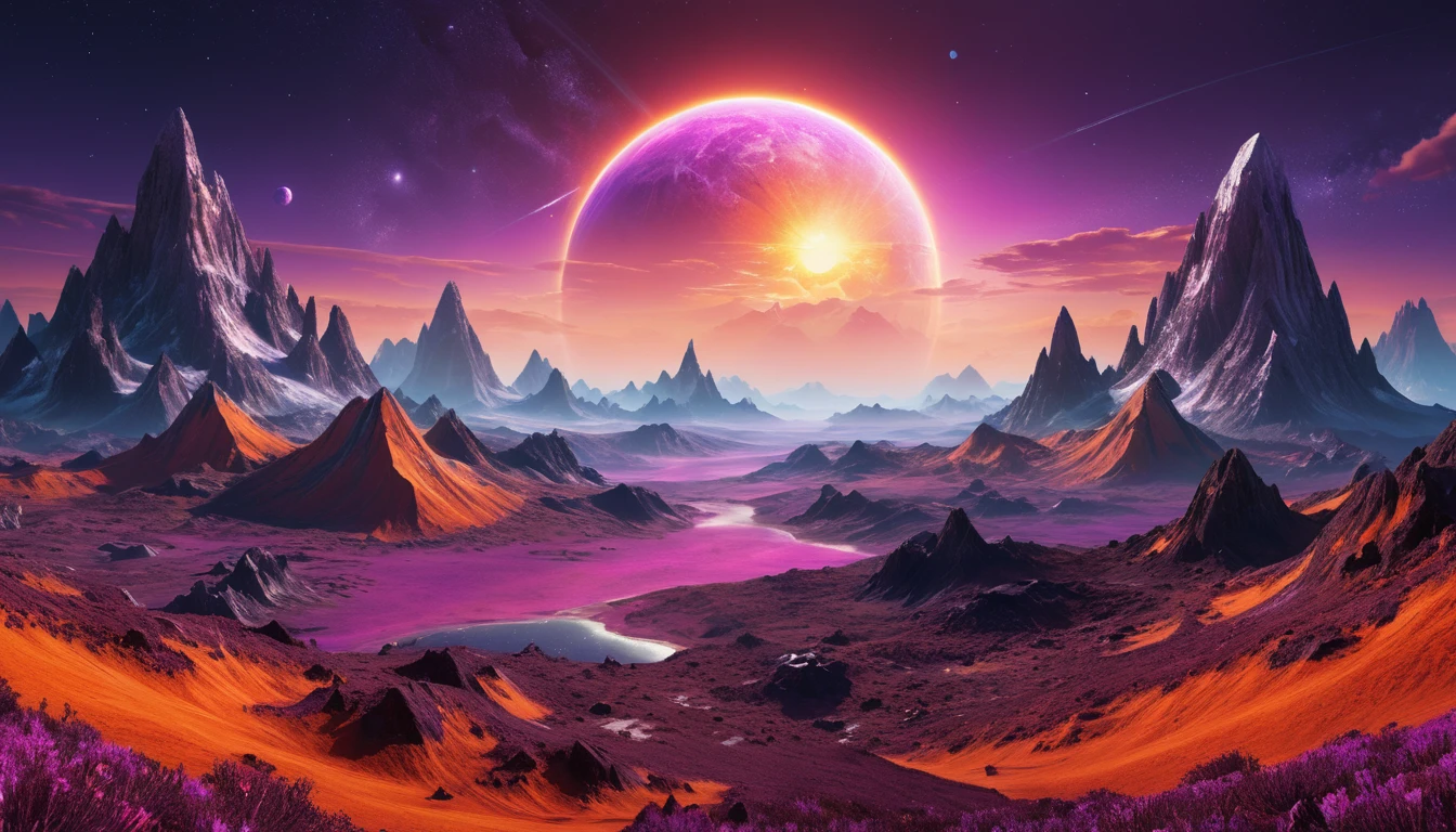 Panoramic View Of Alien Mountains Under Dual Suns