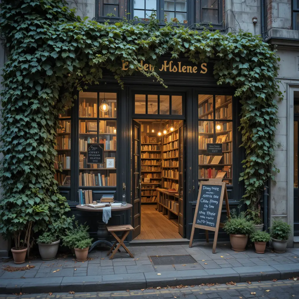 Cozy Ivy Covered European Bookshop With Warm Interior Glow