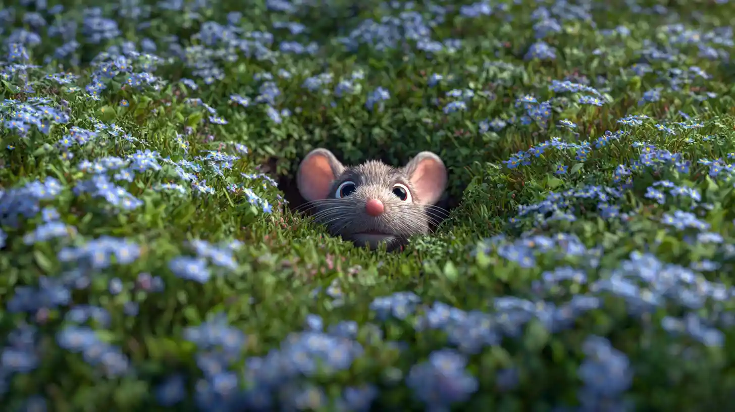 Curious mouse peeking from a hole in green meadow