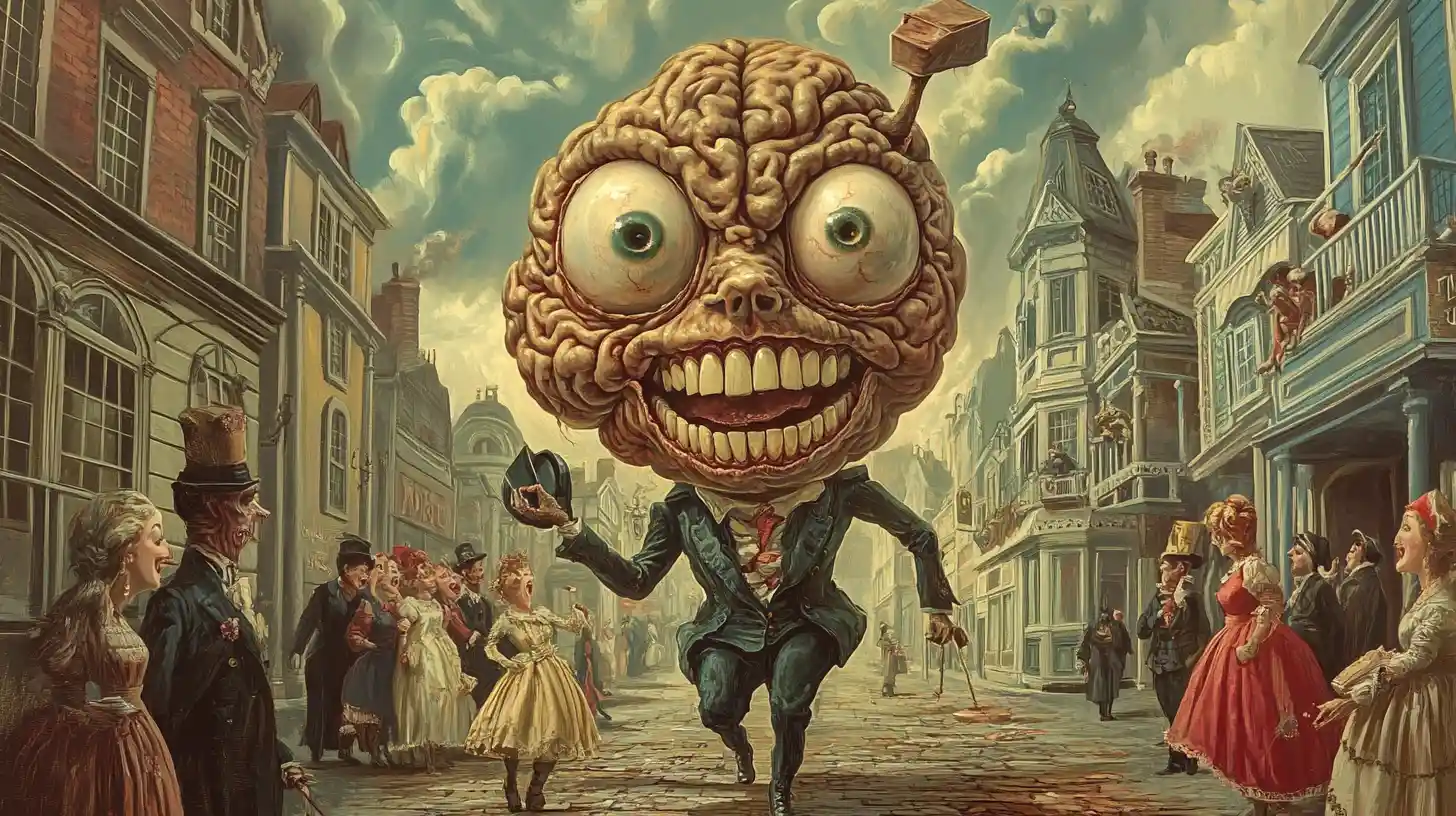 Renaissance painting of a smiling brain gentleman on city street