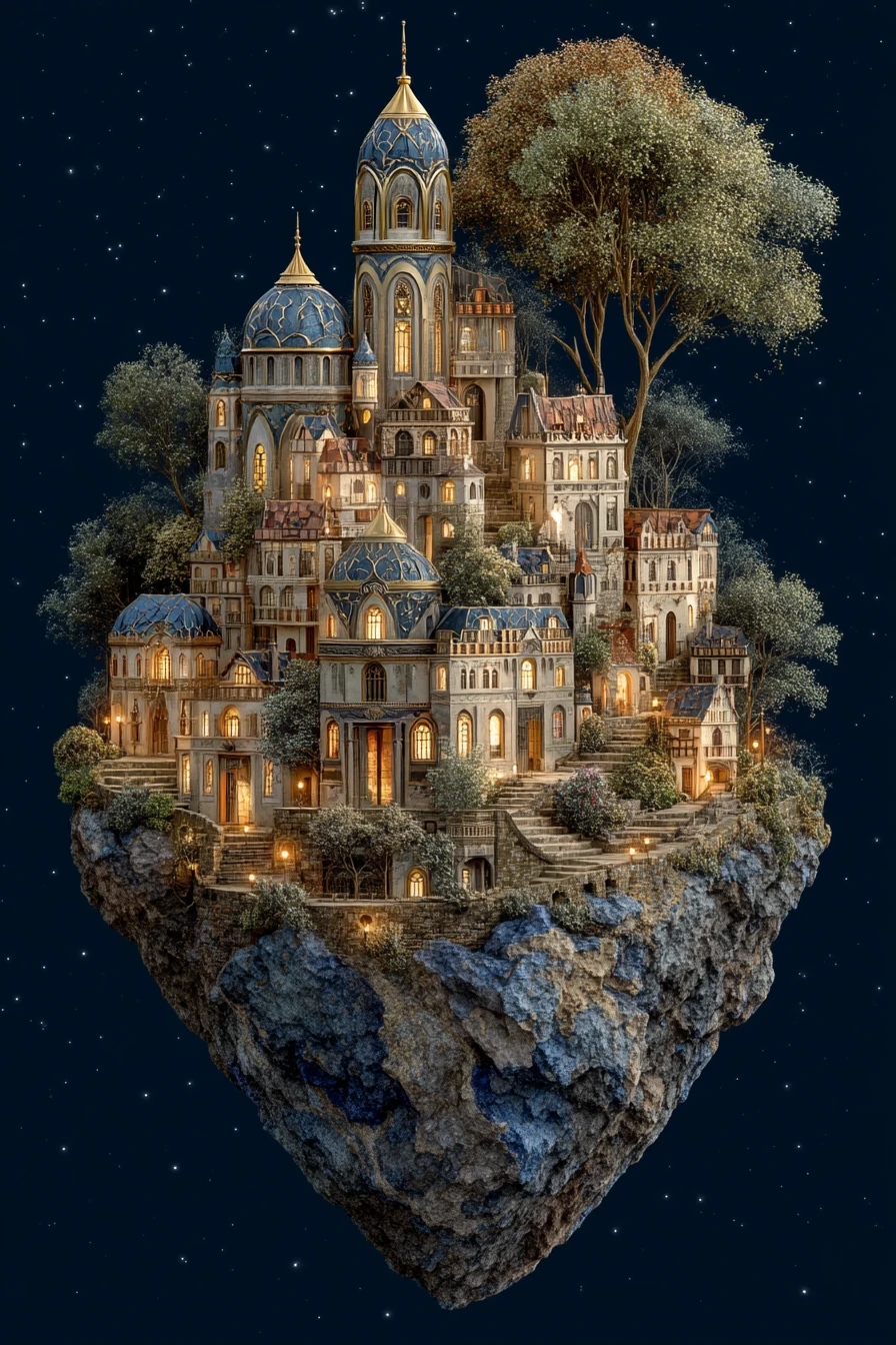 Cidade medieval levitante em rocha vulcânica flutuando no espaço