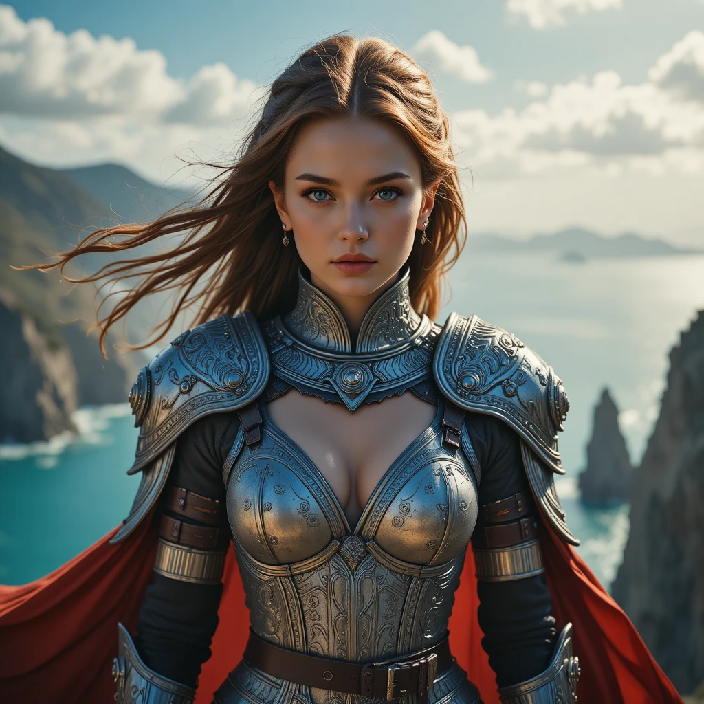 Fantasy warrior woman on windswept coastal cliff at sunset