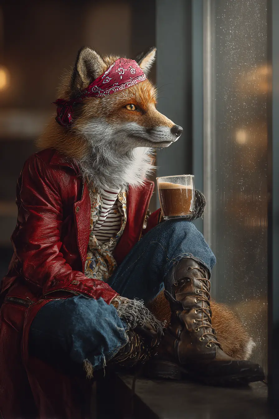Stilvoller anthropomorpher Fuchs trinkt Kaffee im modernen Café