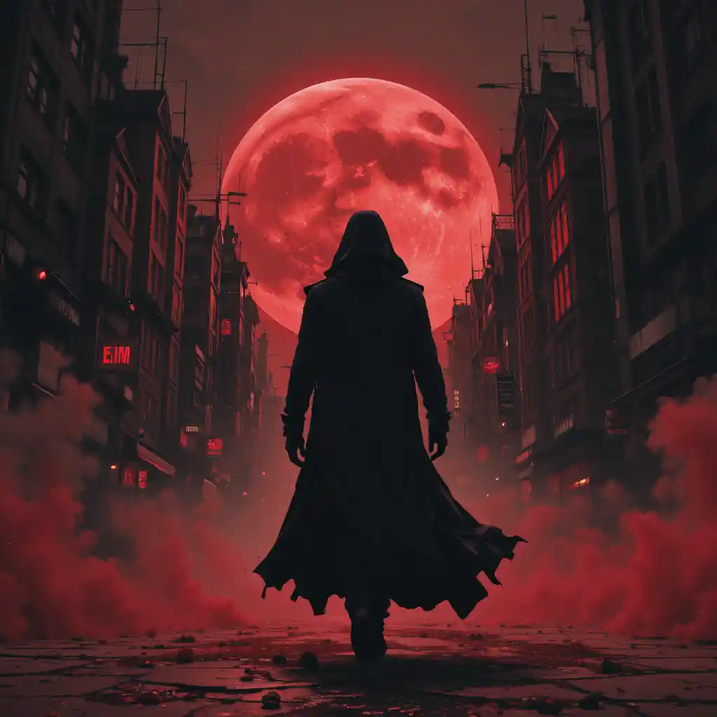 Shadowy figure walking through a city under a blood moon