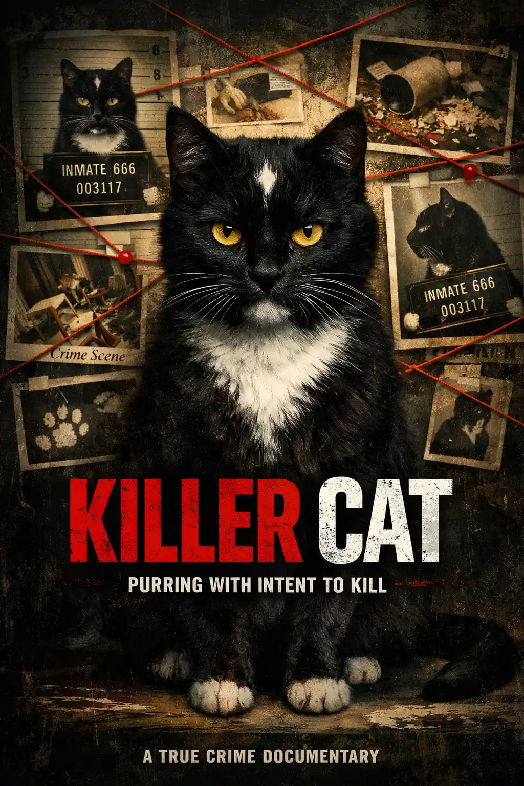 Cinematic crime poster of a notorious black house cat