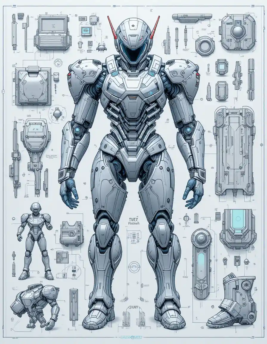 Futuristic Japanese Mecha Armor Blueprint With Cockpit