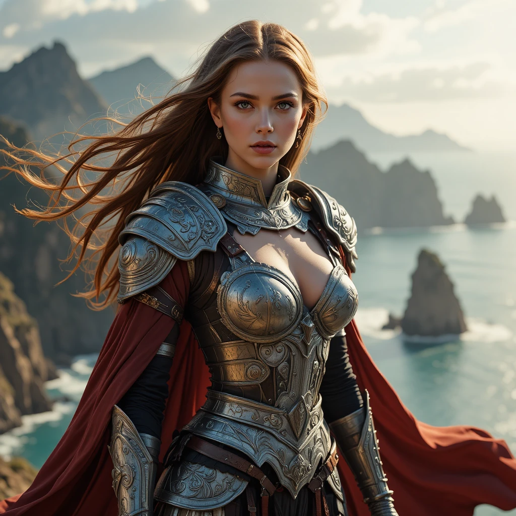 Fantasy warrior woman on a windswept coastal cliff