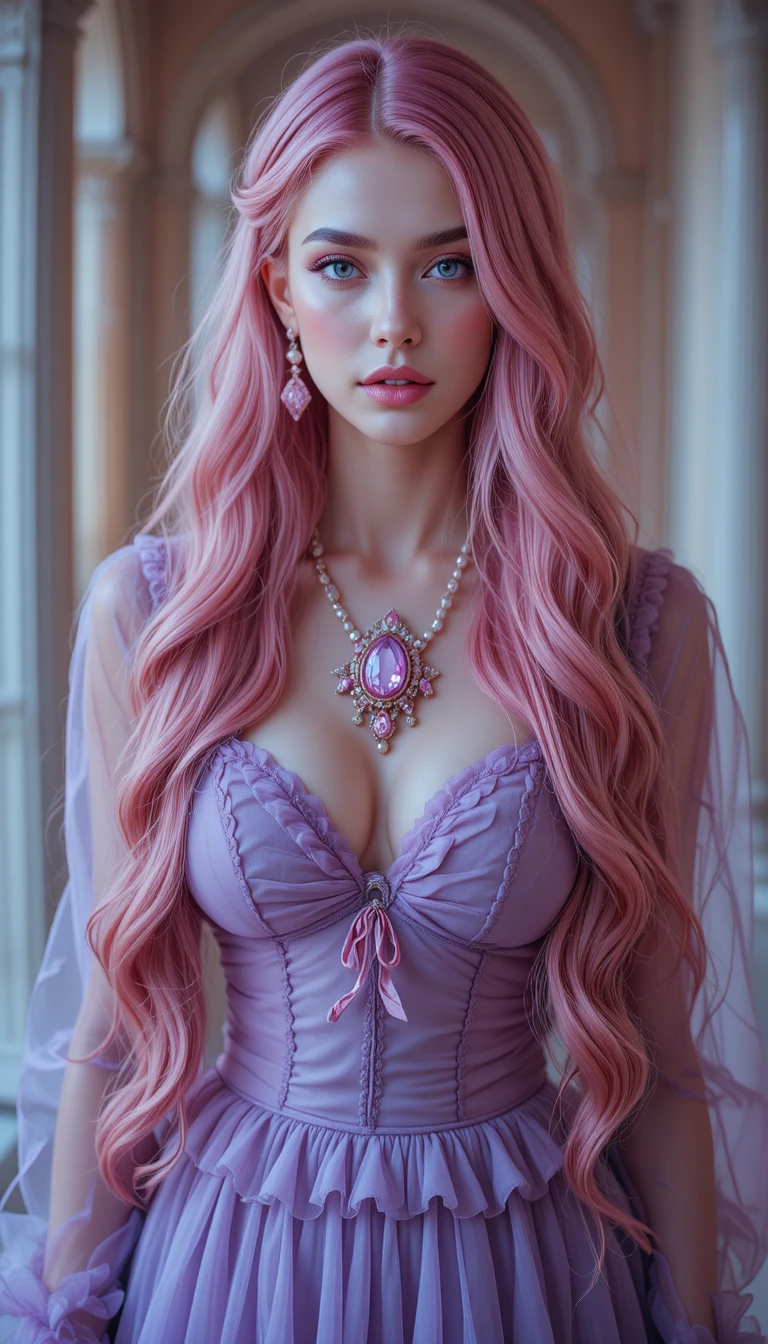 흐르는 진저 헤어와 보라색 드레스를 입은 판타지 여성