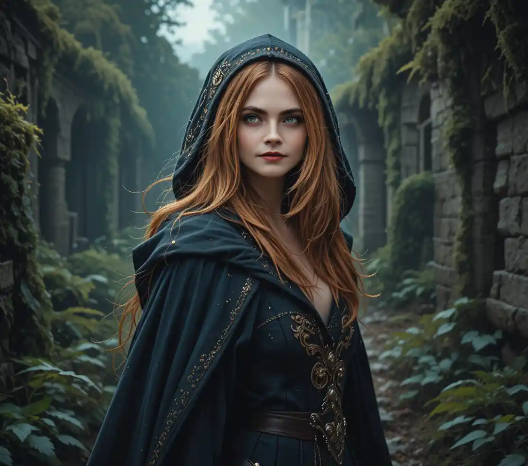 Donna fantasy incappucciata tra le rovine di una oscura foresta antica