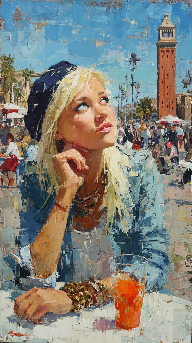 Pensive blonde girl at a cafe table in city square