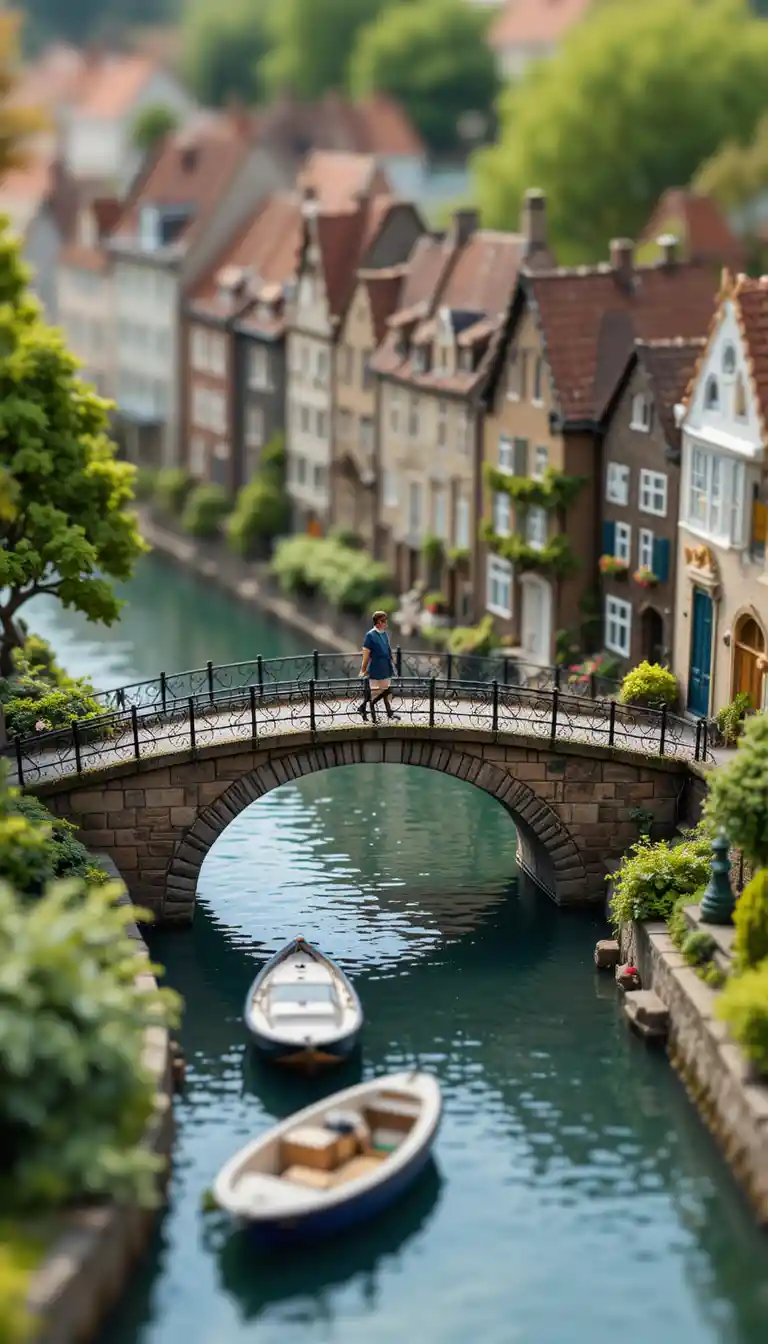 Canal européen serein avec maisons sur le pont et jeune fille de passage