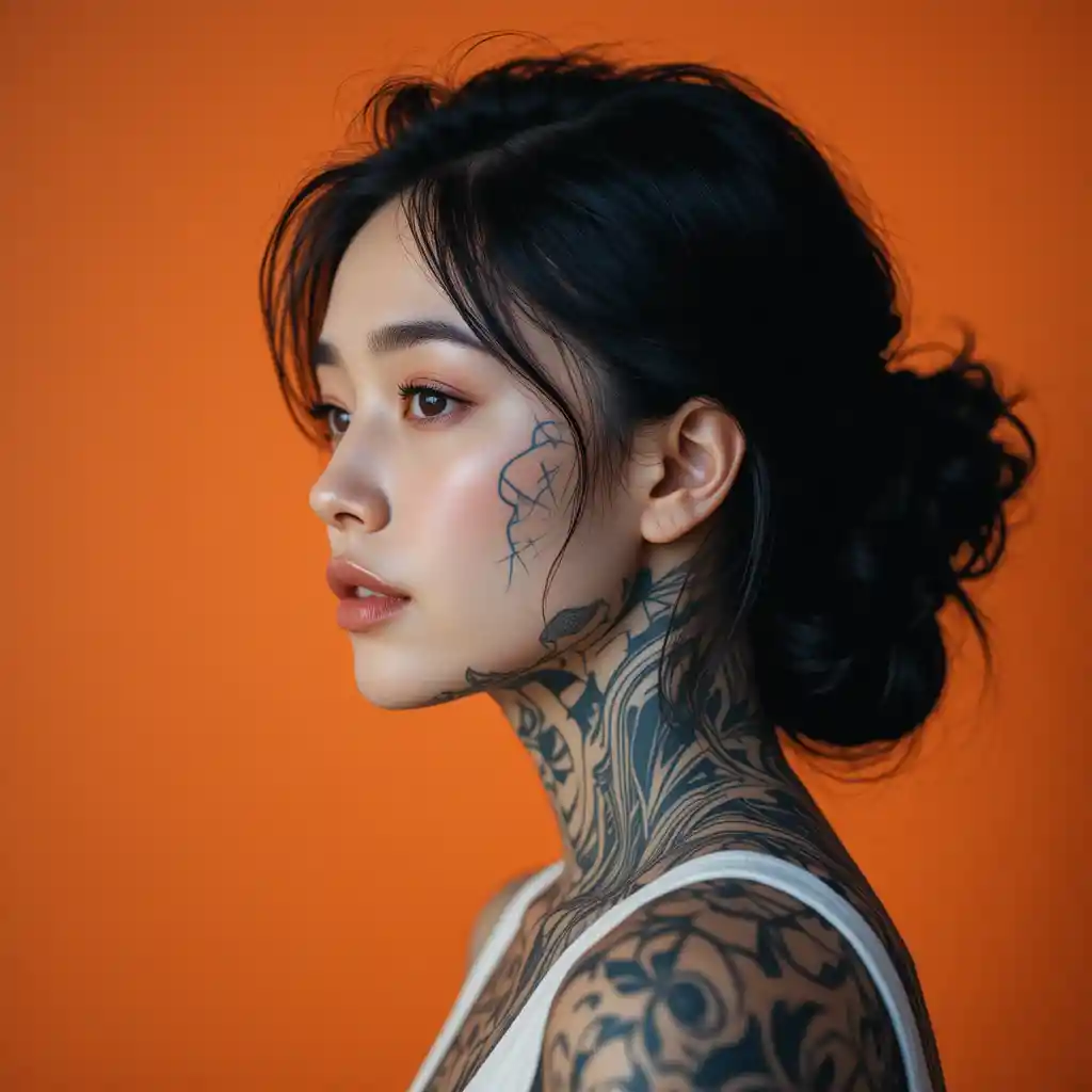 Profile portrait of tattooed woman against orange background