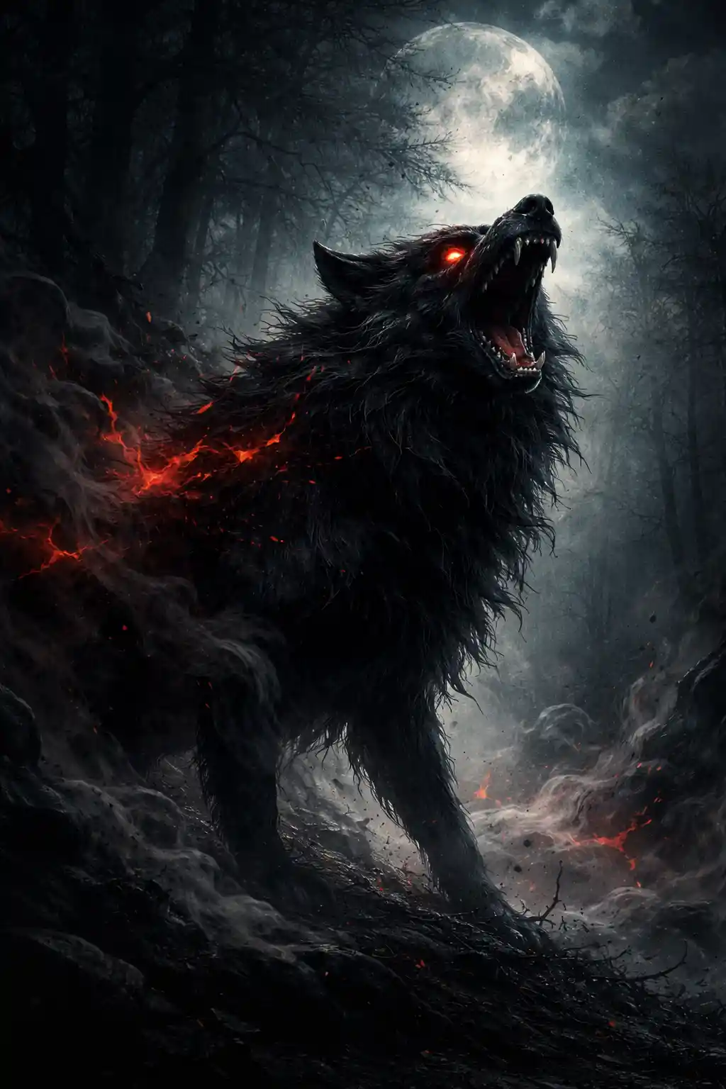 Lobo negro uivando na beira de uma floresta esfumaçada