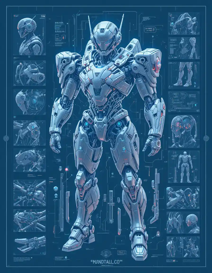 Futuristic Japanese mecha armor blueprint with glowing circuits