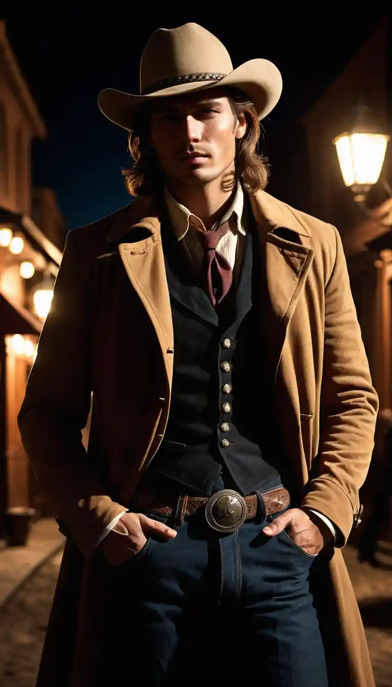 Verführerisches Cowboy-Porträt aus der Nähe in der Wildwest-Nacht