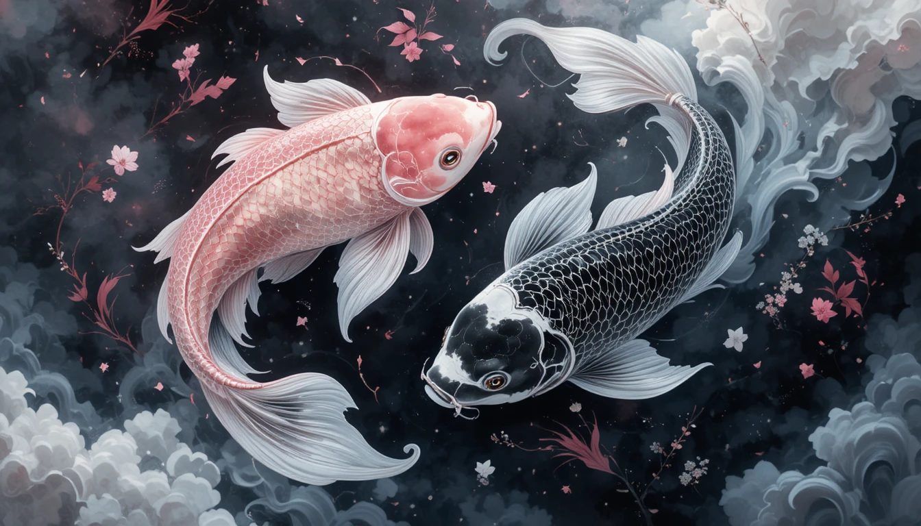 Due pesci koi in una serena stampa acquatica tradizionale