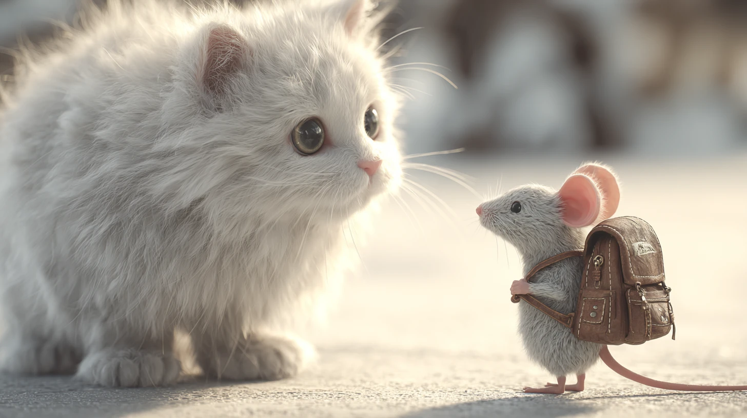 Gato 3D de frente para um rato sorridente com uma pequena mochila