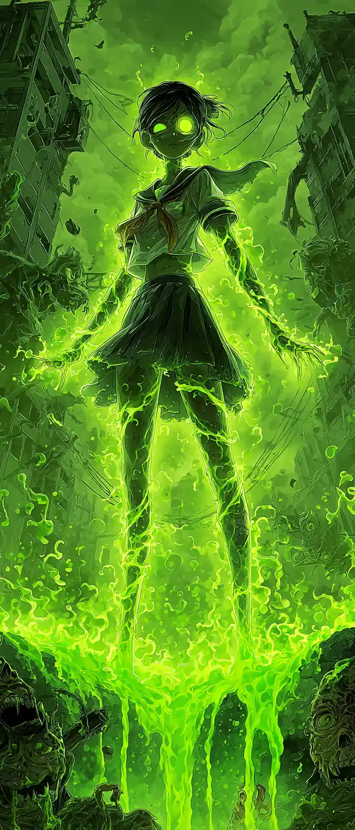 Mutant anime schoolgirl rising from toxic glowing sludge