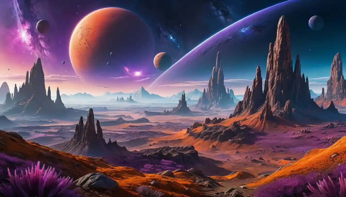 Panorama einer fremden Planetenlandschaft unter zwei Sonnen