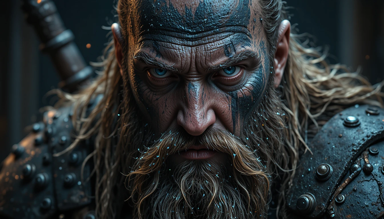 Guerreiro viking feroz em close com olhos azul-gelo