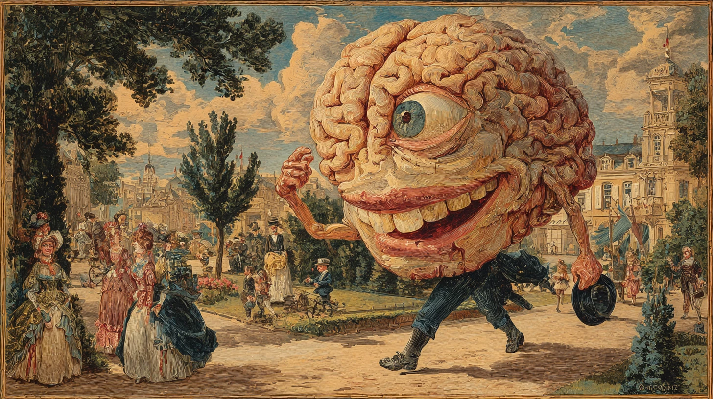 Anthropomorphic Brain In Victorian Suit On City Street