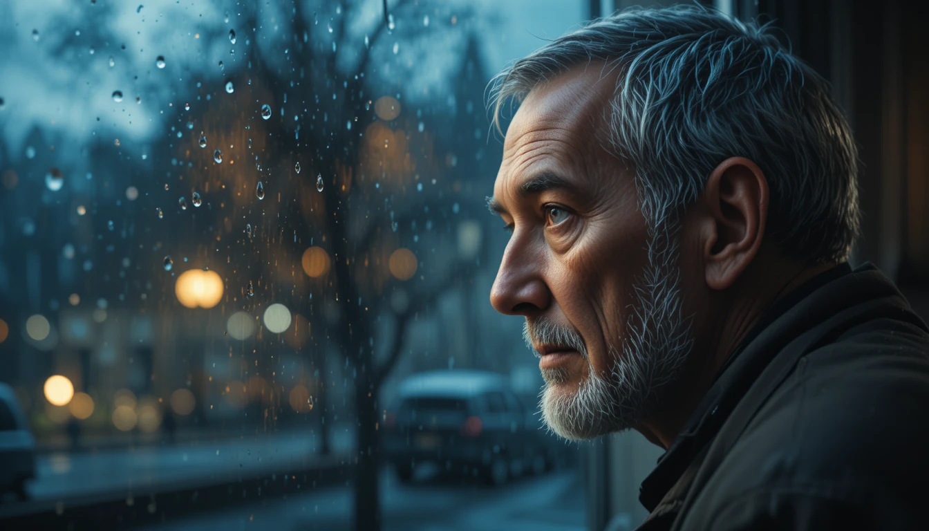 Old man at a rainy window in soft mixed evening light
