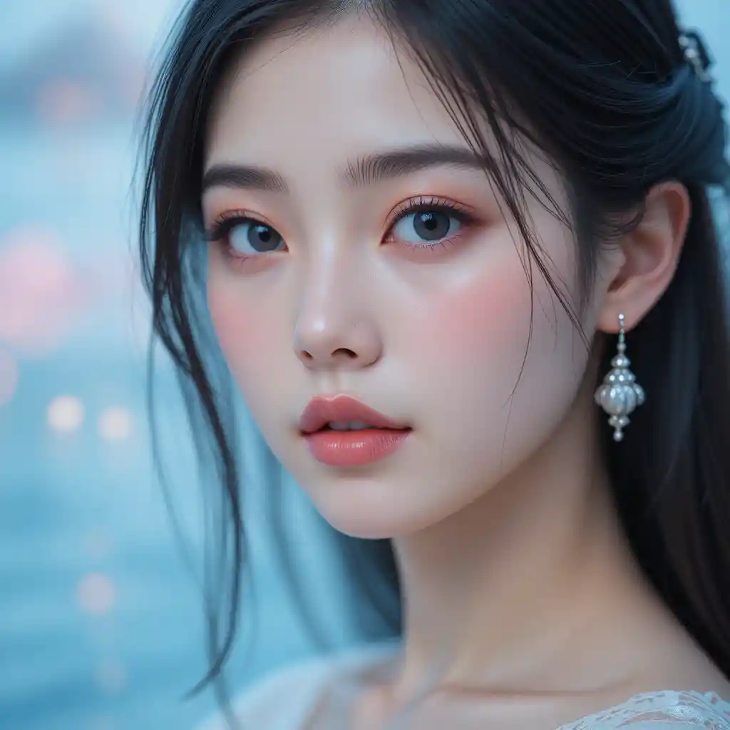 Blue eyed east asian girl in soft fantasy portrait