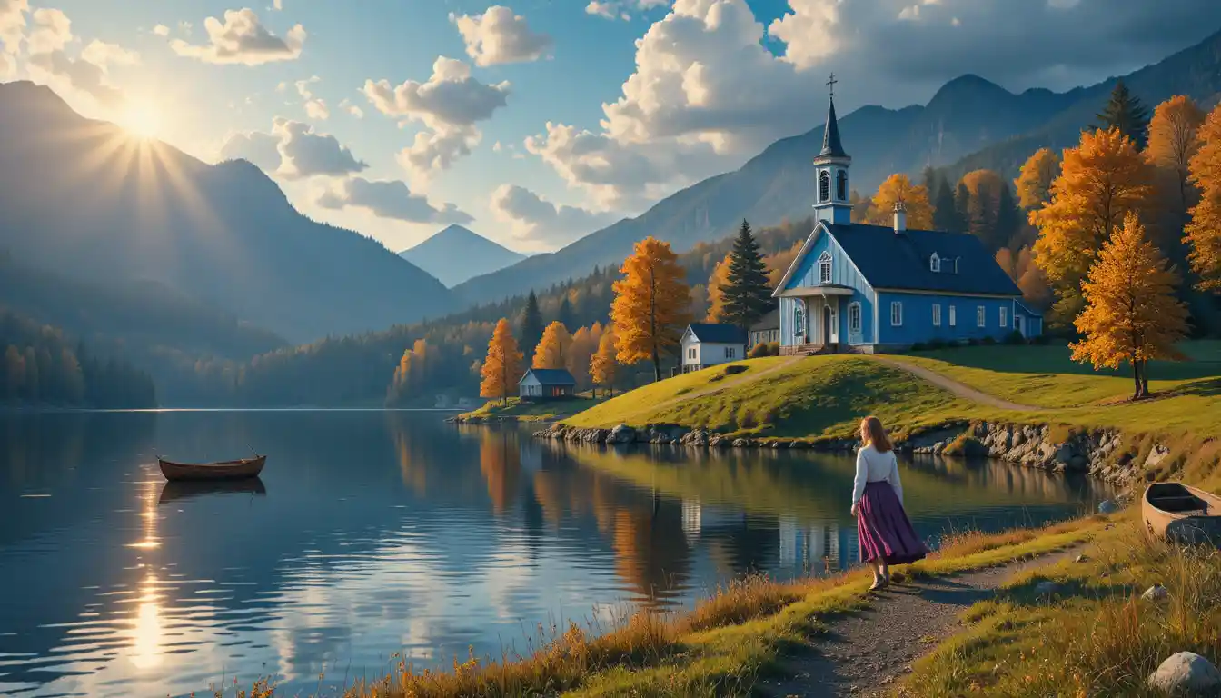 Giovane ragazza che cammina accanto a una chiesa sul lago al tramonto