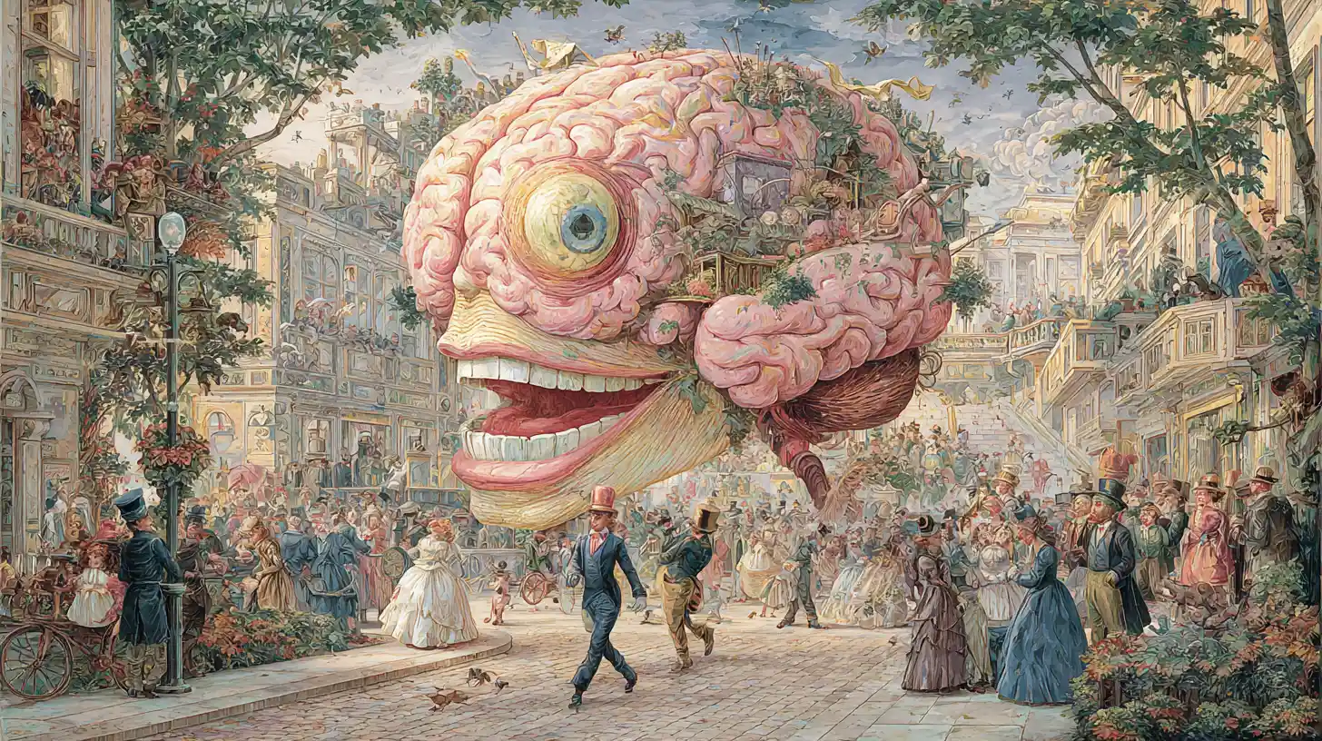Whimsical Brain Gentleman Strolling A Colorful City Street