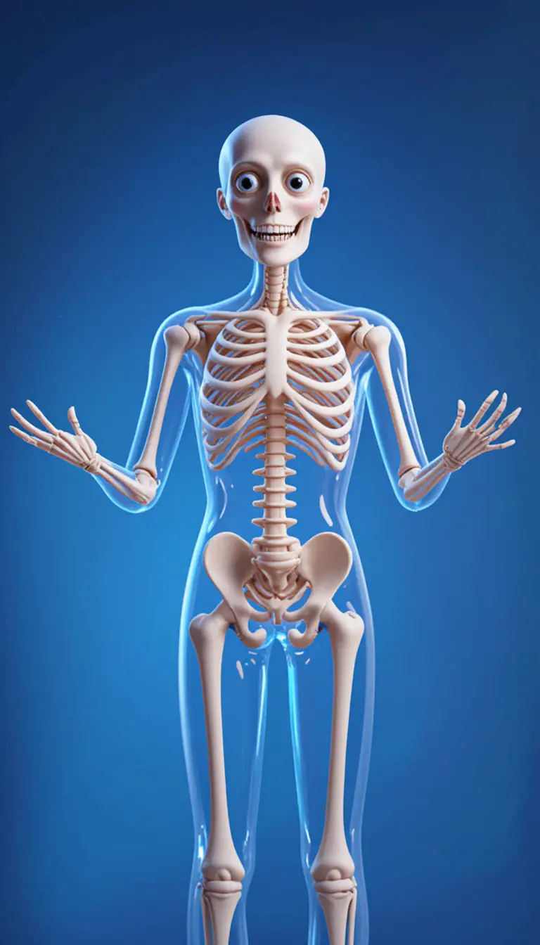 Personaggio scheletro anatomico 3D che insegna in vista frontale a figura intera