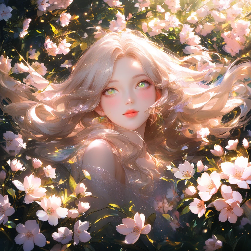 Chica etérea entre flores con ojos verdes bañados por el sol