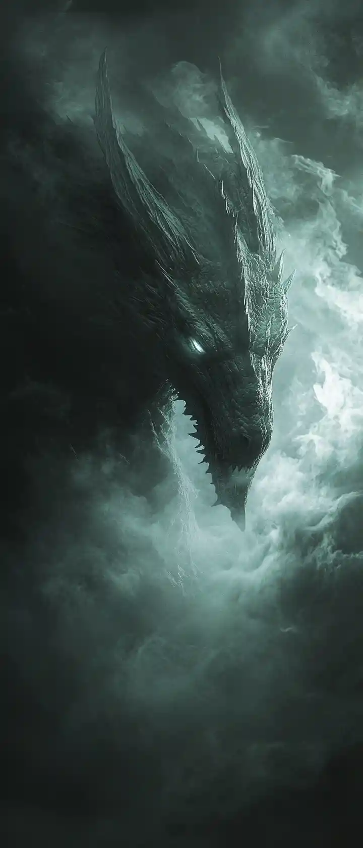 Tête de dragon éthérée formée par une brume lumineuse au clair de lune