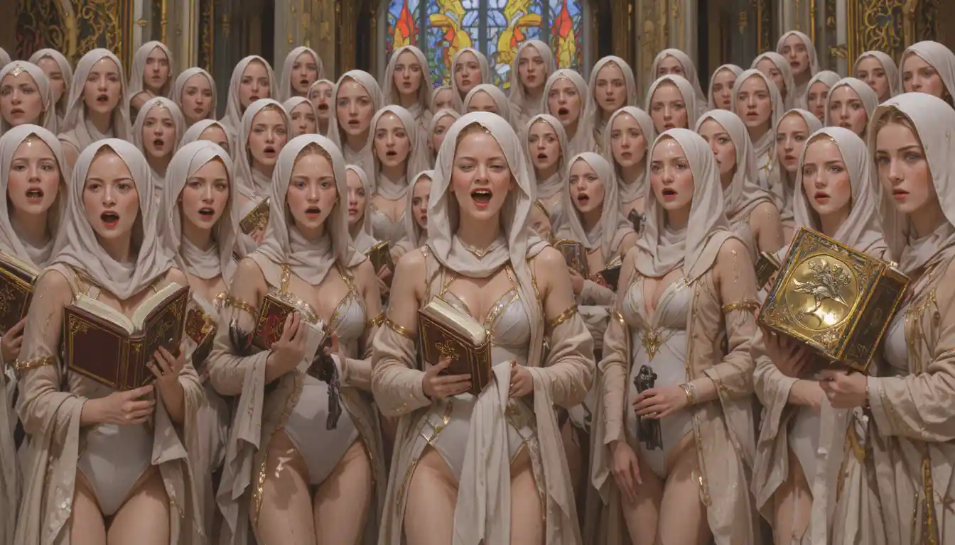 Chorus of armored warrior nuns singing before stained glass