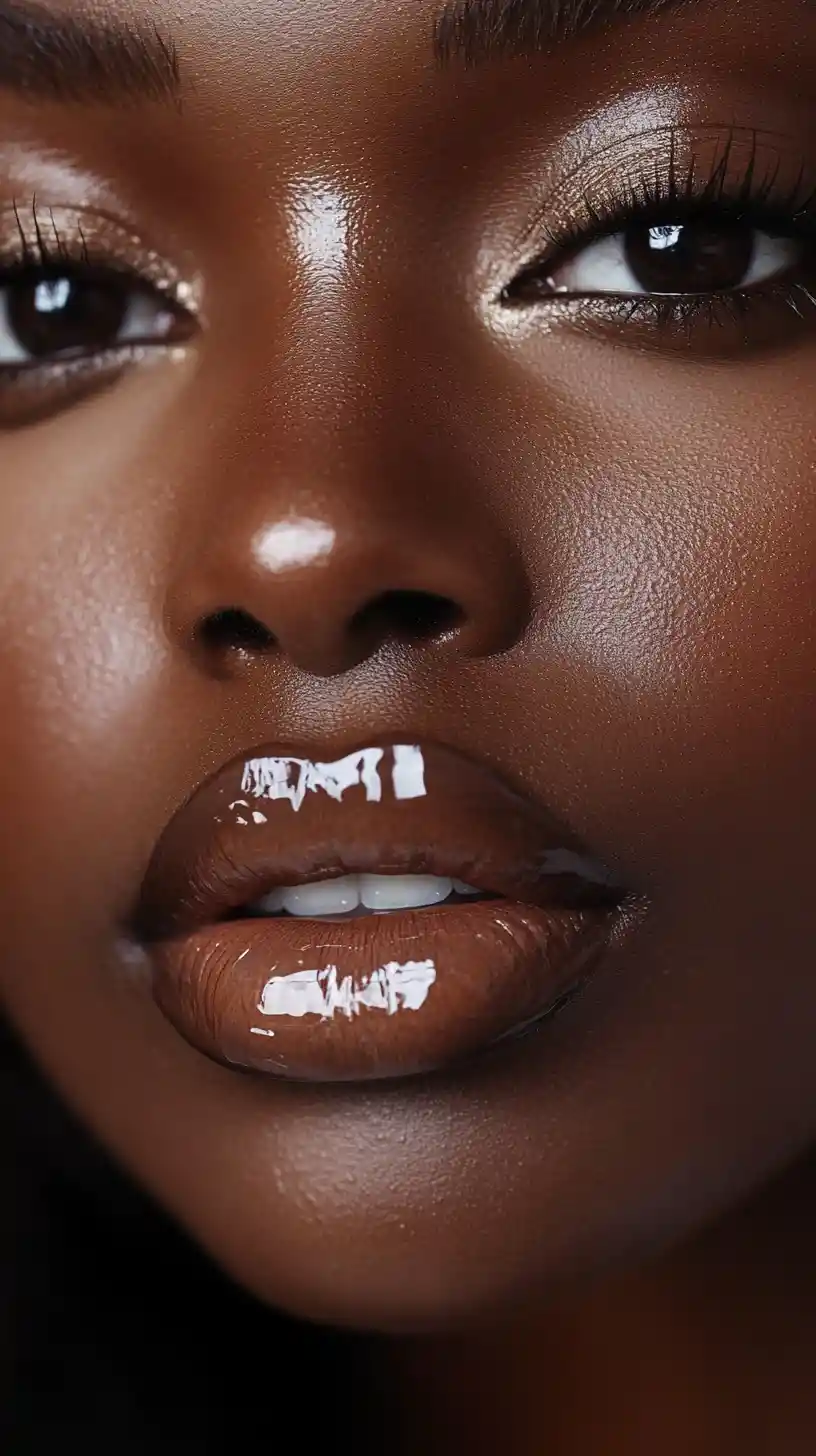 Makro-Beauty-Porträt einer schwarzen Frau mit glänzenden Lippen