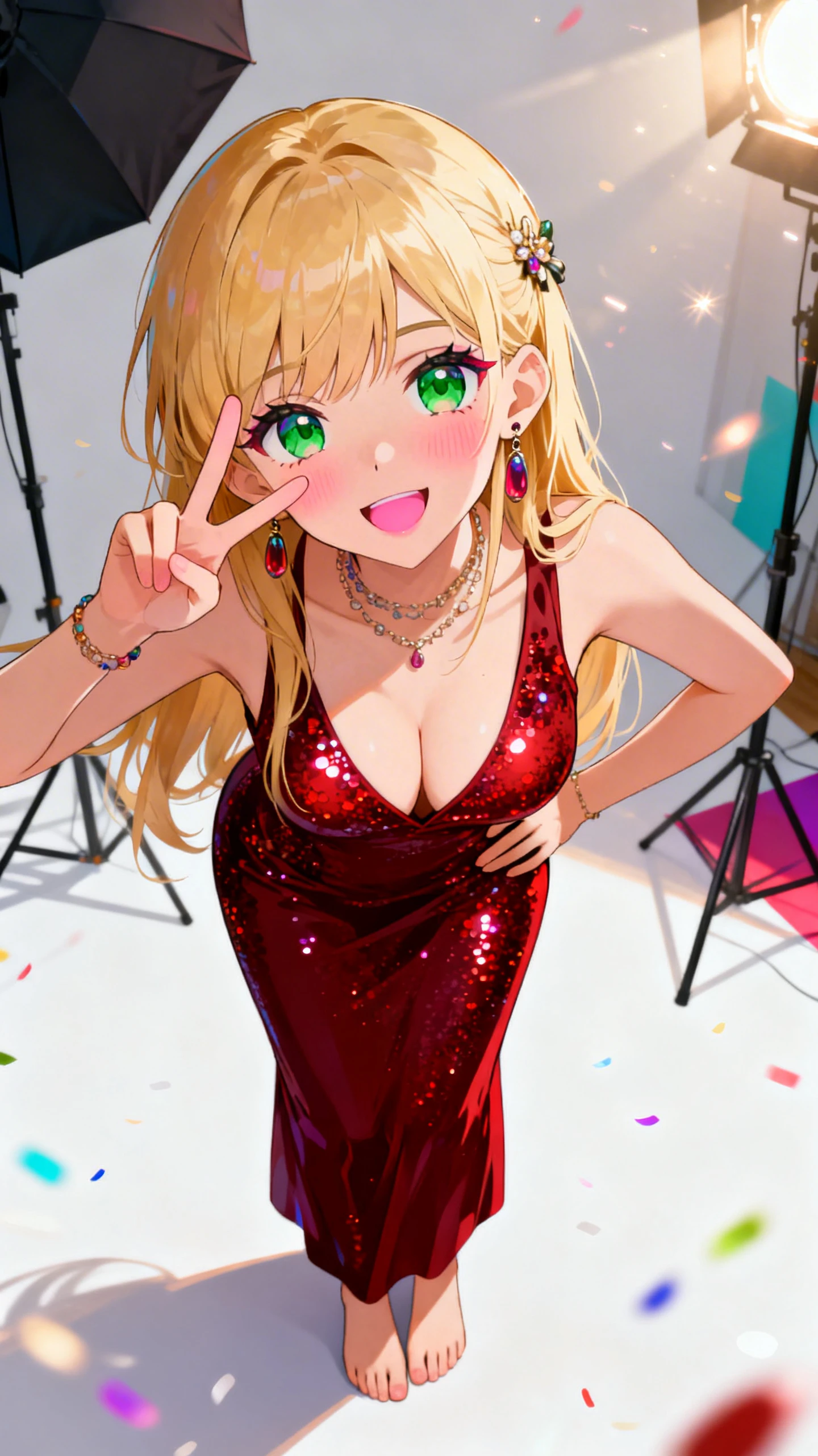 赤いドレスで自信たっぷりにポーズをとるアニメ風の女の子（スタジオ撮影）