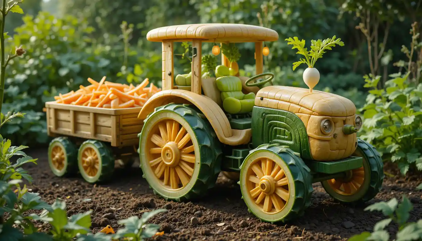 Trator de legumes fantasioso com carreta de frutas no jardim