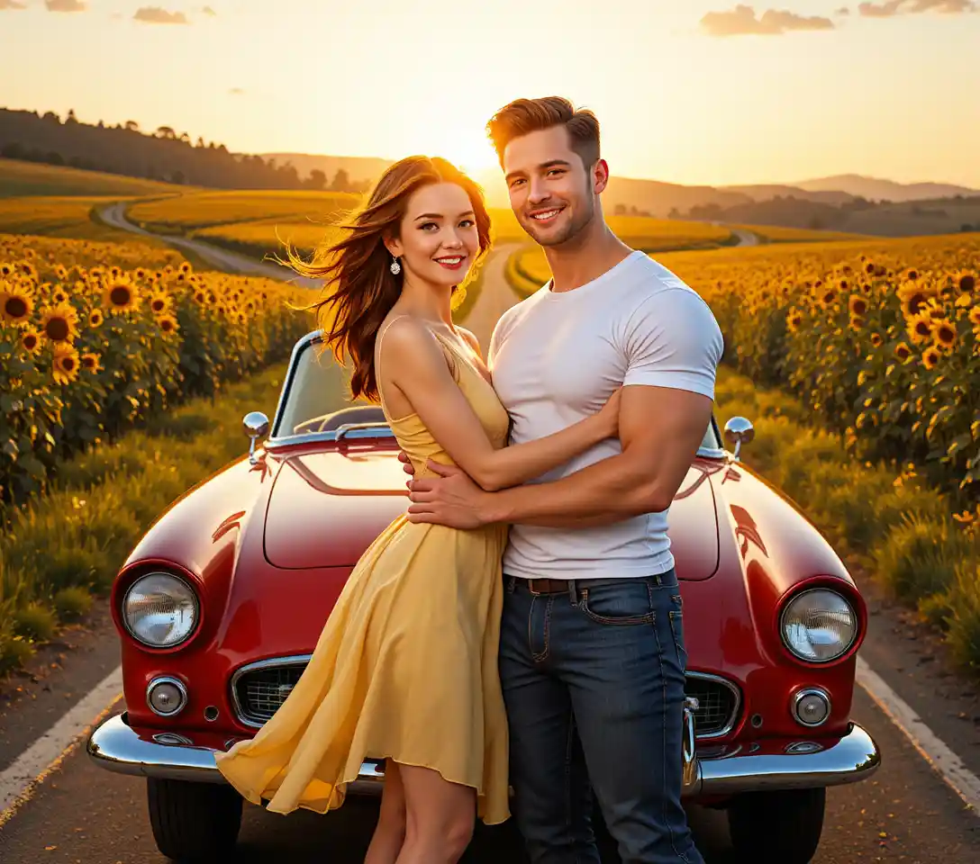 Coppia sorridente che si abbraccia accanto a una cabriolet rossa d’epoca al tramonto