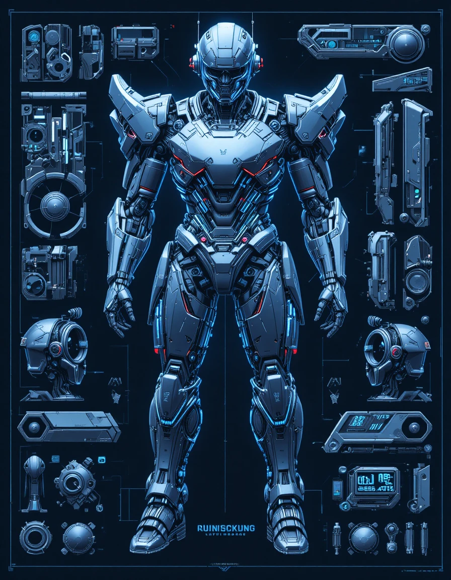 Blueprint de armadura mecha japonesa futurista com cockpit cibernético