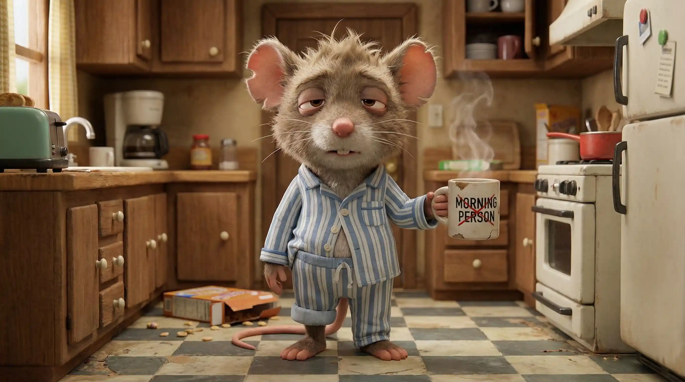 Sleepy 3D mouse in pajamas holding a morning coffee mug