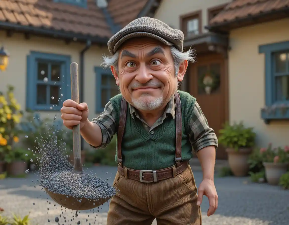 Grumpy Grandpa Tossing Gravel In A Country Cottage Yard