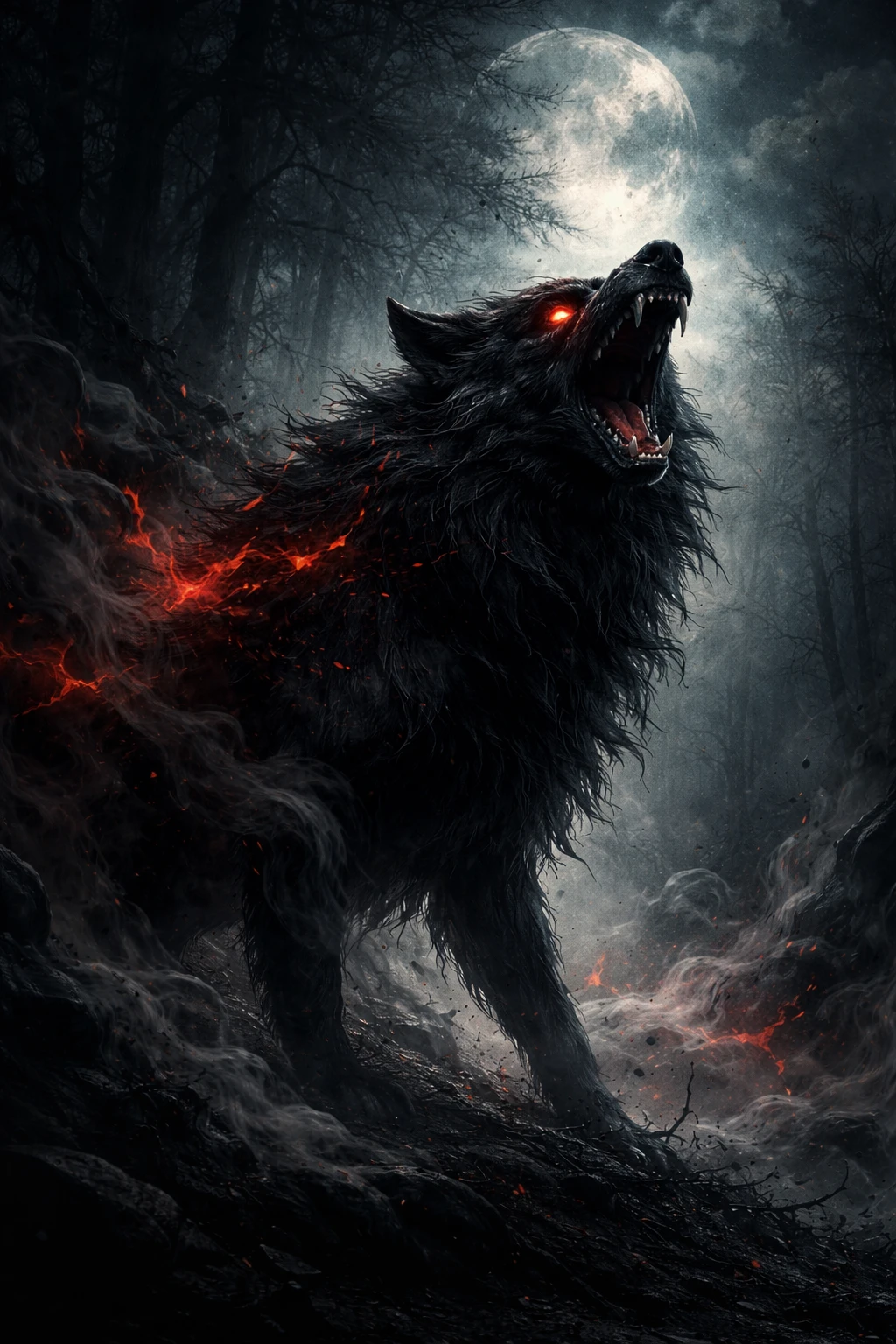 Dark wolf howling at the edge of a smoky forest