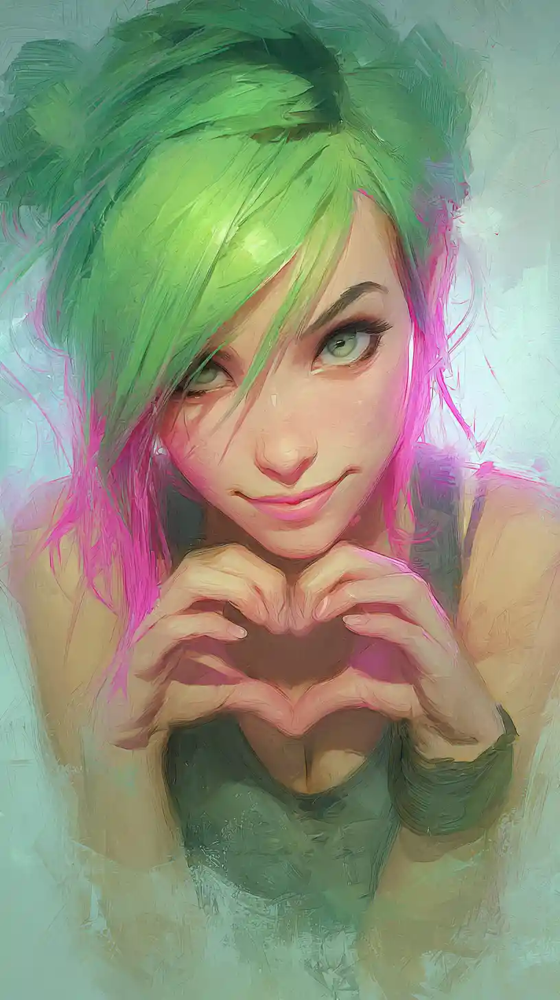 Playful green haired girl with a mischievous close up gaze