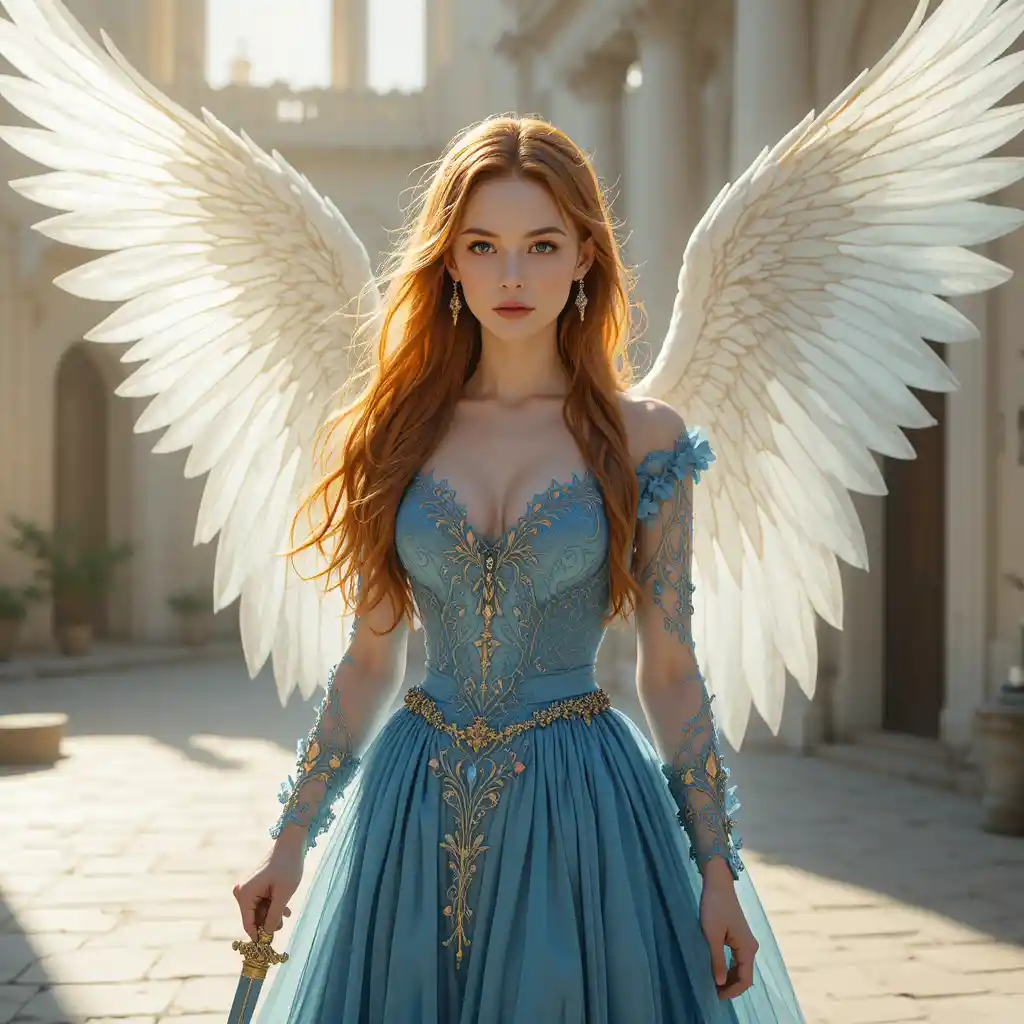 Mulher fantástica com adaga em um pátio angelical banhado pelo sol