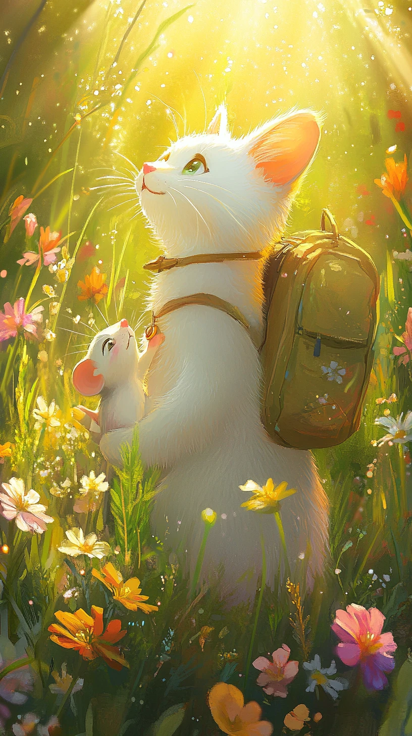 Chat blanc et souris souriante dans une prairie verte ensoleillée