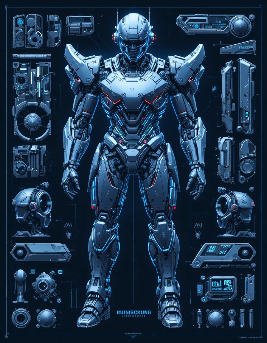 Futuristic Japanese mecha armor blueprint with cybernetic cockpit