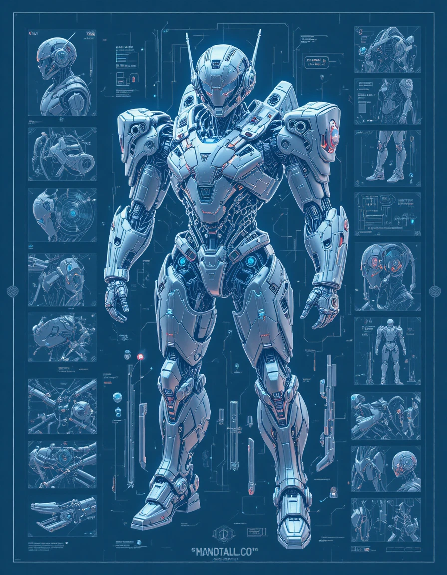 Futuristic Japanese mecha armor blueprint with glowing circuits