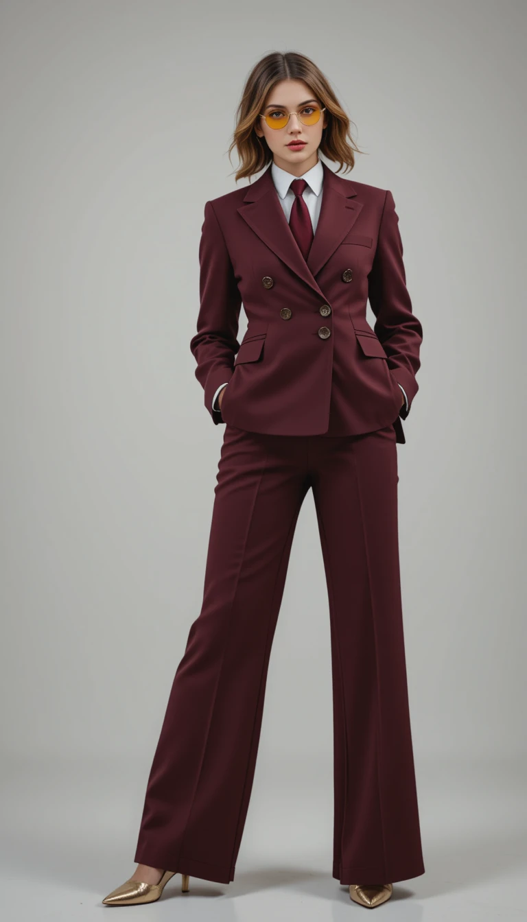 Confident woman in burgundy suit standing in studio