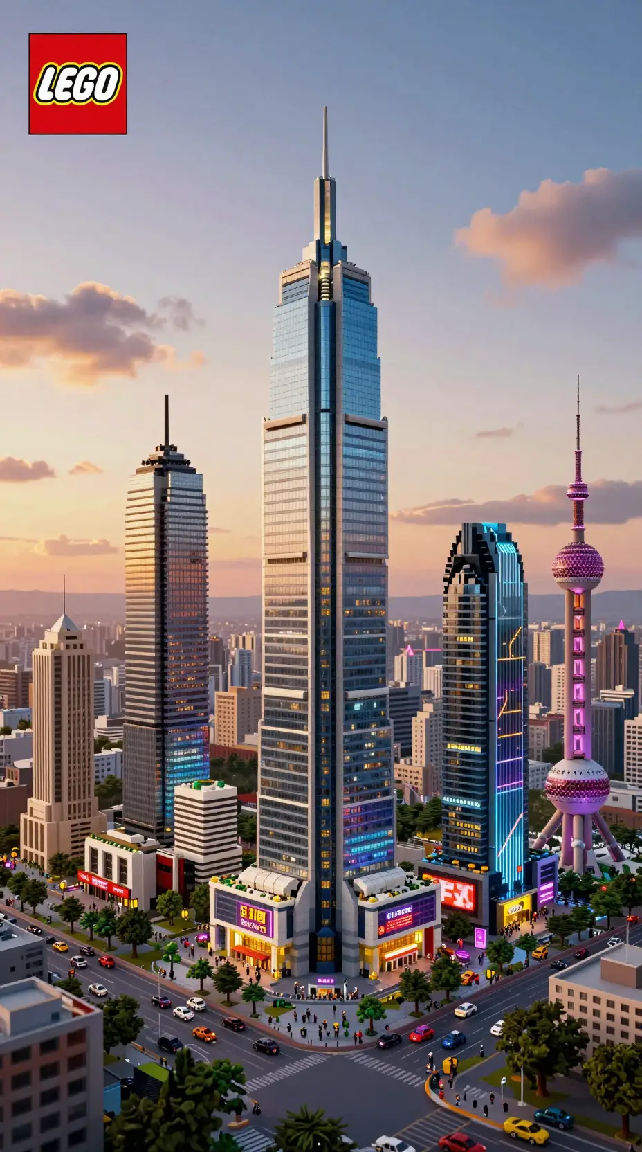 Futuristische Lego-Stadtlandschaft mit neonbeleuchteten Wolkenkratzern