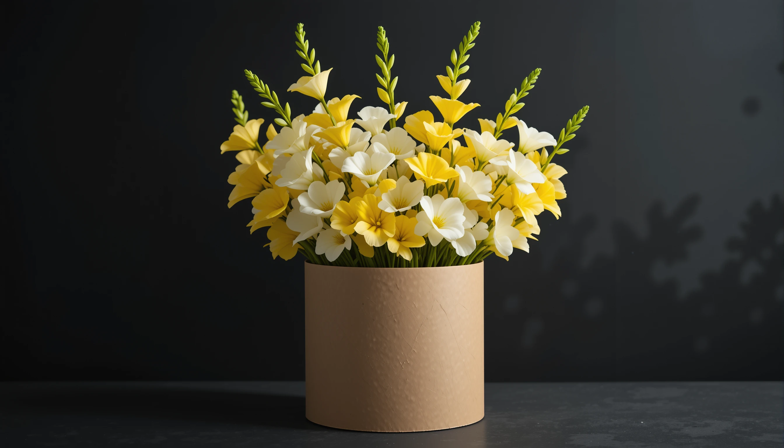 Eleganter Freesienstrauß in Kraftpapier vor schwarzem Hintergrund